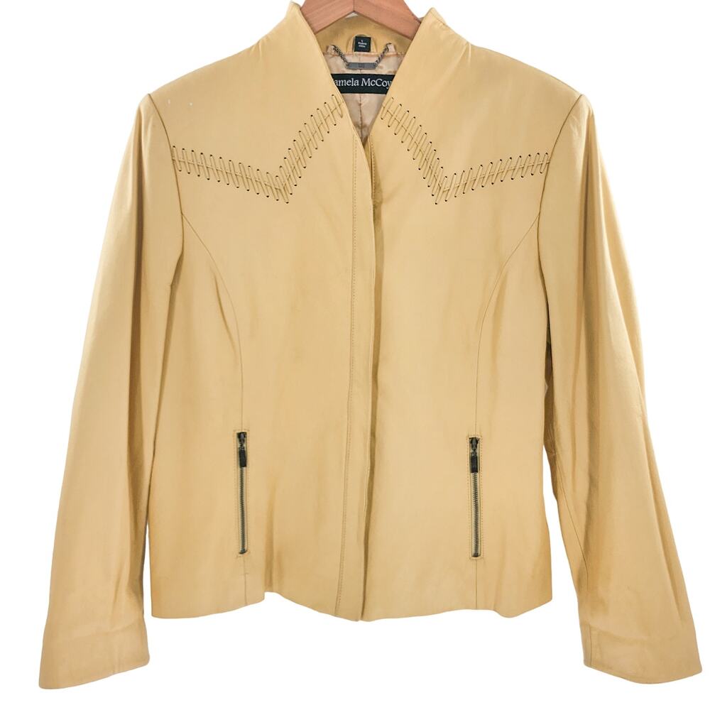 Pamela McCoy Collections Leather Jacket Women’s Couture Coat Size Large Tan